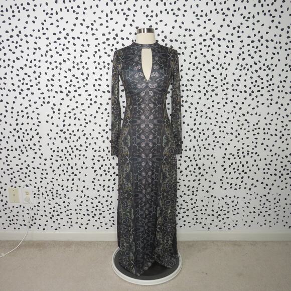 Free People Cabaret Long Sleeve Gray Boho Printed Keyhole Maxi Dress - Picture 3 of 12